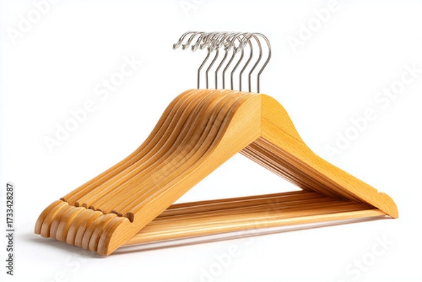 Fototapeta Stack of wooden clothes hanger isolated on white background.