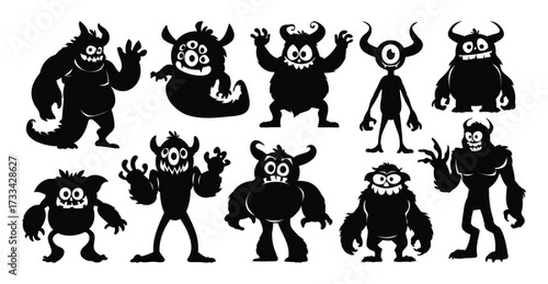 Fototapeta Monster silhouettes set of ten funny and scary creatures with horns, multiple eyes, and sharp teeth. Vector cartoon illustration