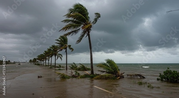 Fototapeta Hurricane storm batters palm trees on coast, a powerful and dangerous storm