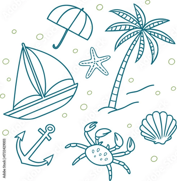 Fototapeta Whimsical Beach Outlines A Collection of Playful Summertime Icons in a Simple Line Art Style
