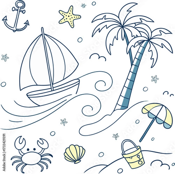 Fototapeta A Cheerful Beach Day Doodle with Palm Trees, a Sailboat, and Playful Sea Creatures in Simple Lines