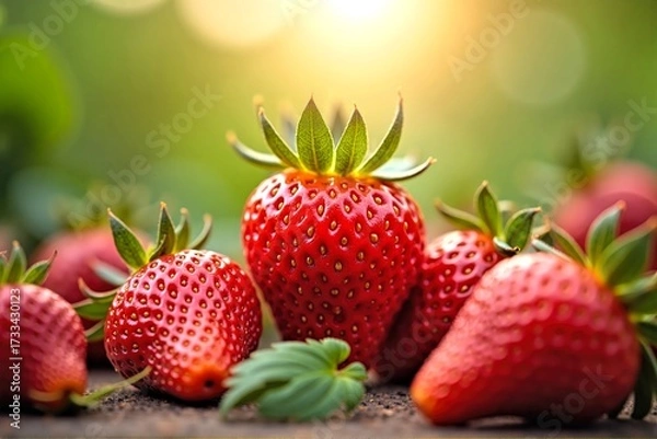 Fototapeta Fresh strawberries with green leaves on table under bright light