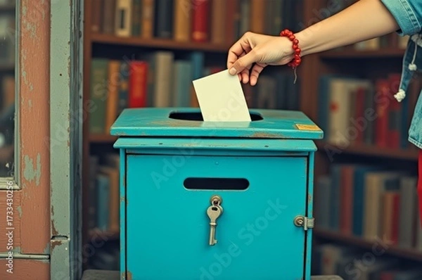 Fototapeta Person inserting card into blue box in library with bookshelves