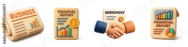 Fototapeta set of 3d icon business newspaper, financial report, agreement handshake, and annual report illustration – png 3d icon