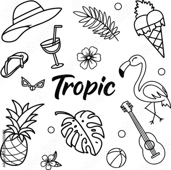 Fototapeta Black and White Tropic Doodle Composition Featuring Summer Themed Icons Such as Pineapple, Flamingo, Palm Leaves and Other Tropical Elements