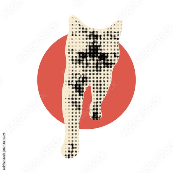 Fototapeta Surreal art collage clipart with halftone cut out cat emerging from red portal. Vintage dotted sticker with Japanese vibe, kitty against red circle. Modern retro mixed media vector illustration