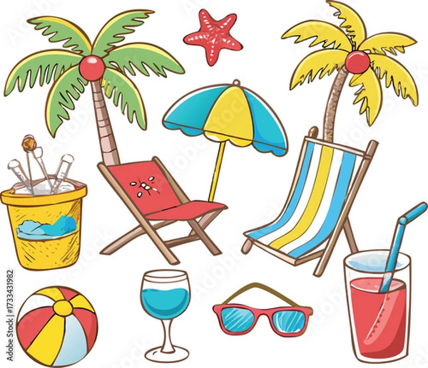 Fototapeta Vibrant Beach Vacation Still Life With Summer Essentials For Relaxation and Enjoyment in a Tropical Paradise