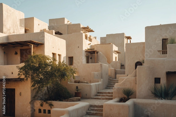 Fototapeta Traditional adobe-style houses with flat roofs and earthy tones under warm desert sunlight. The architecture features stairways, wooden doors, and natural textures typical of Middle Eastern.