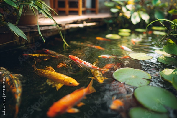 Obraz ChatGPT said:

Description:
Colorful koi fish swimming gracefully in a clear garden pond surrounded by green plants and water lilies. Peaceful and relaxing atmosphere with reflections of natural light