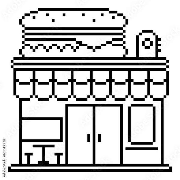 Fototapeta Pixel art line style fast food burger shop with a simple black and white look, a small building shape with a large burger board on it, suitable for retro game outlines or minimalist illustrations.