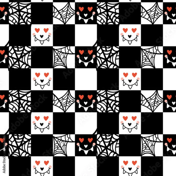 Fototapeta Halloween seamless pattern with scary monsters face and spiderwebs in chessboard background. perfect for festive designs, textiles, wrapping paper, or digital art. Simple squares background