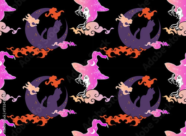 Fototapeta Magical seamless pattern with witches in glittery pink hats, silhouetted cats on crescent moons, and swirling clouds against a deep black background. Ideal for fabric, wallpaper, wrapping paper.