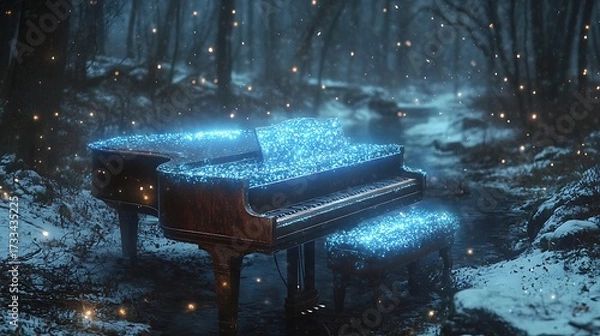 Obraz Enchanted winter nocturne: A grand piano bathed in celestial light amidst a snowy forest