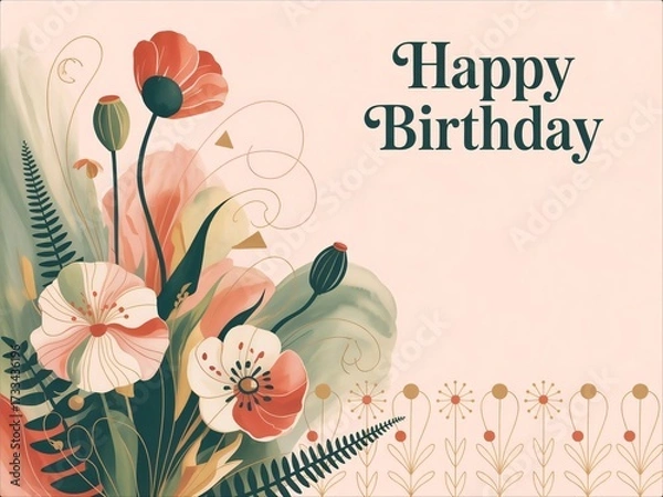 Obraz Happy Birthday Card with Elegant Floral Design and Delicate Patterns.