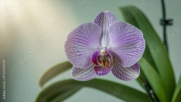 Obraz Closeup of a beautiful purple and white striped orchid flower with green leaves.