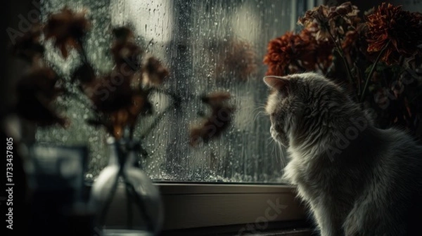 Obraz Silent farewell with flowers and a cat by the rainy window, tender and sorrowful mood
