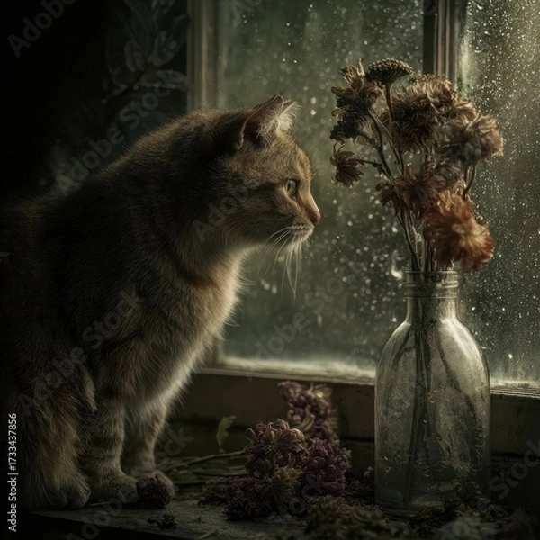 Obraz Silent farewell with flowers and a cat by the rainy window, tender and sorrowful mood