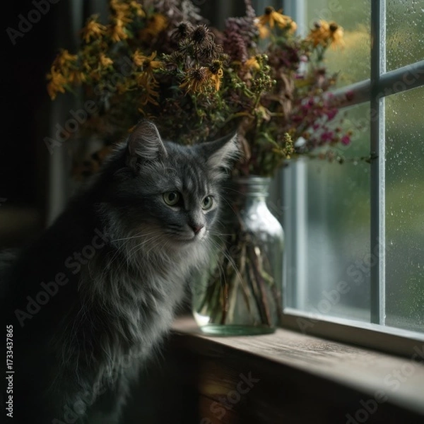 Obraz Silent farewell with flowers and a cat by the rainy window, tender and sorrowful mood