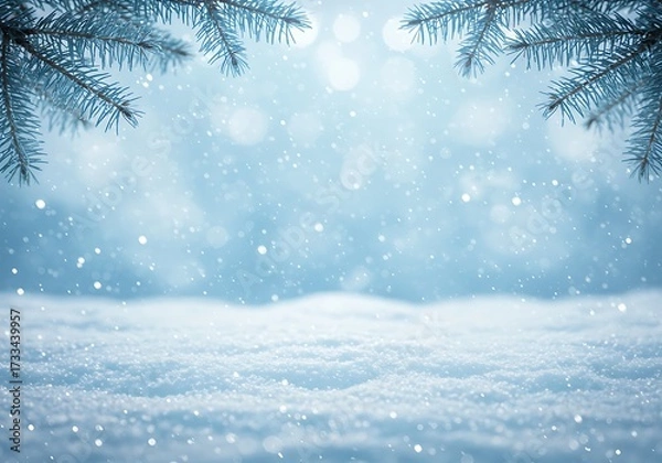 Obraz Dreamy winter background with falling snow, snowy foreground, and pine branches framing the cool blue light