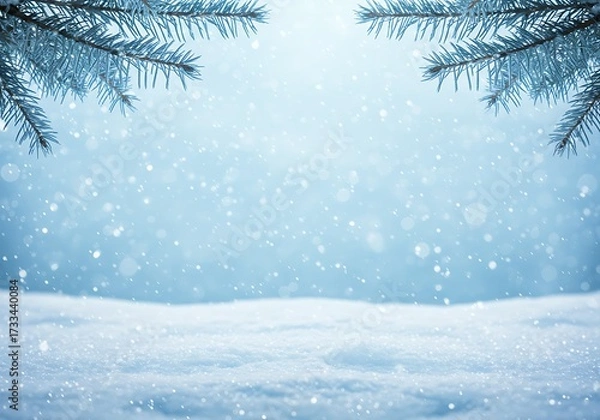 Obraz Dreamy winter background with falling snow, snowy foreground, and pine branches framing the cool blue light