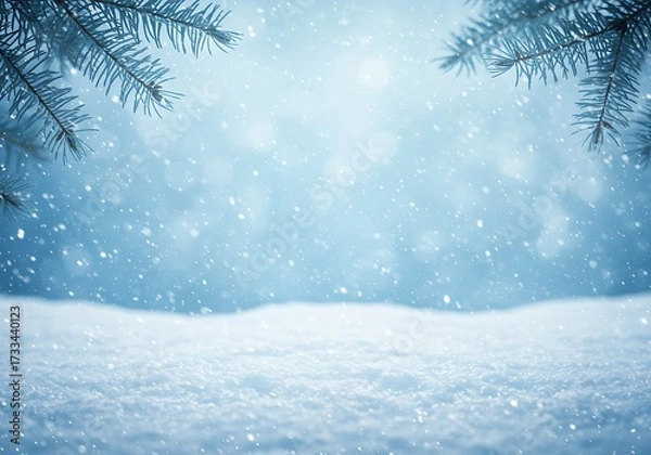 Obraz Dreamy winter background with falling snow, snowy foreground, and pine branches framing the cool blue light