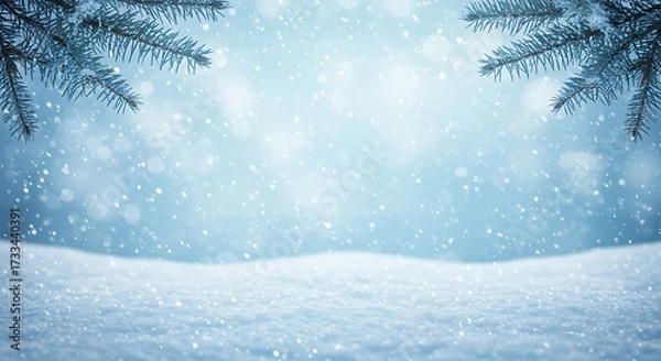Obraz Dreamy winter background with falling snow, snowy foreground, and pine branches framing the cool blue light