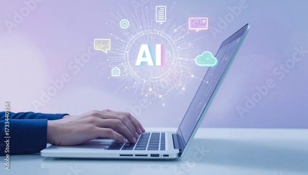 Obraz AI laptop hands typing with artificial intelligence digital network display