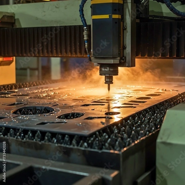 Fototapeta Industrial CNC Plasma Cutting Machine in Action at Metal Fabrication Shop welder working in the factory, Close-up view water jet machine at work. Cnc water jet cutter for metal fabrication. Metal cutt