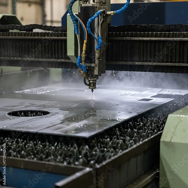 Fototapeta Industrial CNC Plasma Cutting Machine in Action at Metal Fabrication Shop welder working in the factory, Close-up view water jet machine at work. Cnc water jet cutter for metal fabrication. Metal cutt