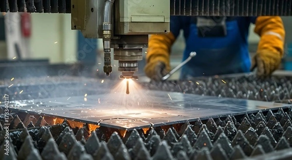 Fototapeta Industrial CNC Plasma Cutting Machine in Action at Metal Fabrication Shop welder working in the factory, Close-up view water jet machine at work. Cnc water jet cutter for metal fabrication. Metal cutt