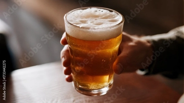 Fototapeta A person's hand holding a pint of beer with foam on top. Beer, pub, casual, fun, friends