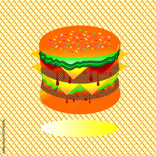 Fototapeta Colorful hamburger pattern. Colorful fast food burger pattern background. Hand drawn burger pattern with light shadow. Hand drawn burger icon. Cheeseburger or hamburger pattern. Fast food illustration
