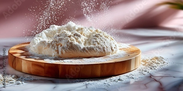 Fototapeta A round board half-covered in flour on a clean, light-colored granite counter. The background is a soft, bright blur with a sense of motion
