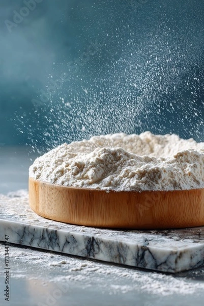 Fototapeta A round board half-covered in flour on a clean, light-colored granite counter. The background is a soft, bright blur with a sense of motion