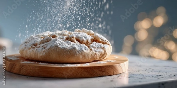 Fototapeta A round board half-covered in flour on a clean, light-colored granite counter. The background is a soft, bright blur with a sense of motion