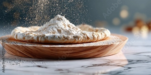 Fototapeta A round board half-covered in flour on a clean, light-colored granite counter. The background is a soft, bright blur with a sense of motion