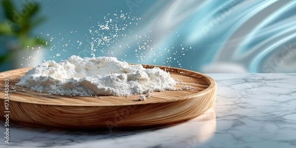 Fototapeta A round board half-covered in flour on a clean, light-colored granite counter. The background is a soft, bright blur with a sense of motion