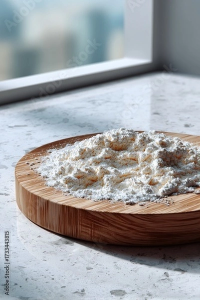 Fototapeta A round board half-covered in flour on a clean, light-colored granite counter. The background is a soft, bright blur with a sense of motion
