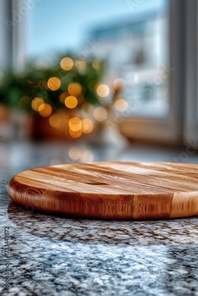 Fototapeta A round board made of various exotic dark woods on a simple, light-colored wooden counter. The background is a soft, uniform blur of a cozy, elegant kitchen