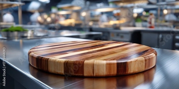 Fototapeta A round cutting board made of alternating light and dark wood strips on a stainless steel industrial counter. The background is a vibrant, chaotic blur of a professional kitchen
