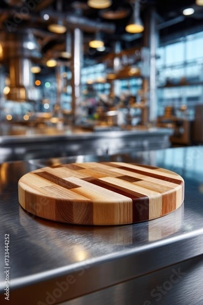 Fototapeta A round cutting board made of alternating light and dark wood strips on a stainless steel industrial counter. The background is a vibrant, chaotic blur of a professional kitchen