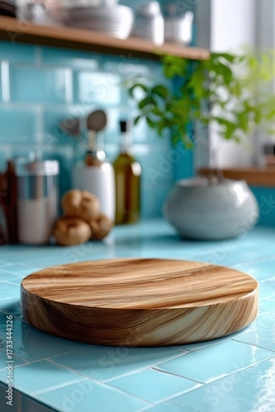 Fototapeta A round cutting board with a distinct circular groove on a light blue ceramic tiled counter. The background is a soft, out-of-focus blur of a retro kitchen