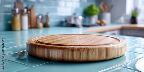 Fototapeta A round cutting board with a distinct circular groove on a light blue ceramic tiled counter. The background is a soft, out-of-focus blur of a retro kitchen