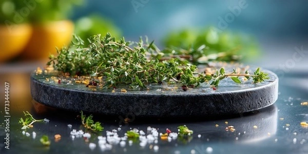 Fototapeta A round cutting board with small, fresh herbs scattered on it on a clean black counter. The background is a soft, warm blur with hints of green and yellow
