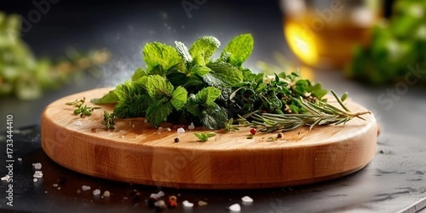 Fototapeta A round cutting board with small, fresh herbs scattered on it on a clean black counter. The background is a soft, warm blur with hints of green and yellow