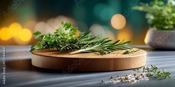 Fototapeta A round cutting board with small, fresh herbs scattered on it on a clean black counter. The background is a soft, warm blur with hints of green and yellow
