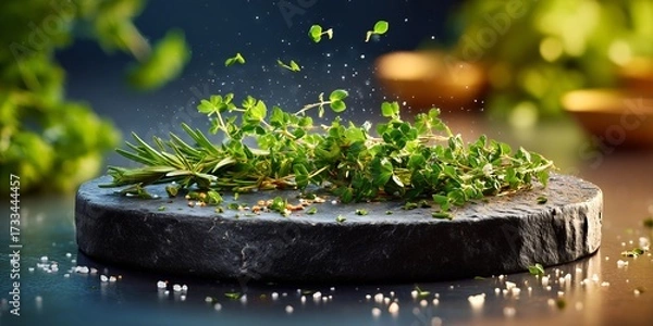 Fototapeta A round cutting board with small, fresh herbs scattered on it on a clean black counter. The background is a soft, warm blur with hints of green and yellow