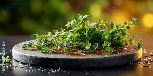 Fototapeta A round cutting board with small, fresh herbs scattered on it on a clean black counter. The background is a soft, warm blur with hints of green and yellow