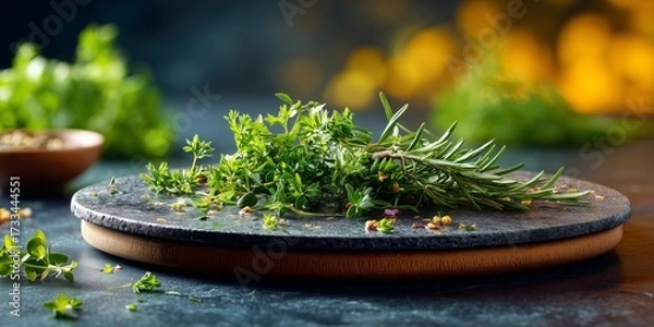 Fototapeta A round cutting board with small, fresh herbs scattered on it on a clean black counter. The background is a soft, warm blur with hints of green and yellow