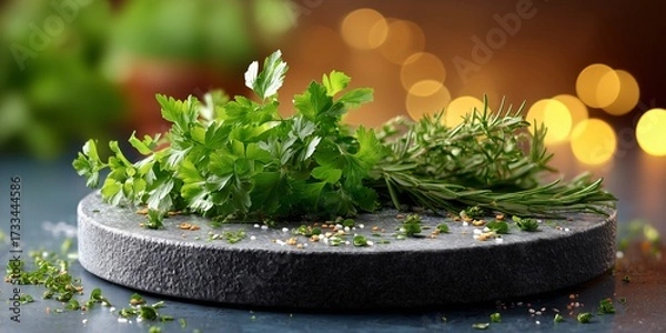 Fototapeta A round cutting board with small, fresh herbs scattered on it on a clean black counter. The background is a soft, warm blur with hints of green and yellow